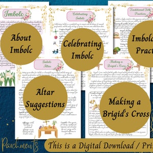 May include: Printable guide to celebrating Imbolc, a pagan holiday, with information about the holiday, altar suggestions, and traditional folk practices. The guide includes illustrations of a Brigid's Cross and an altar setup.