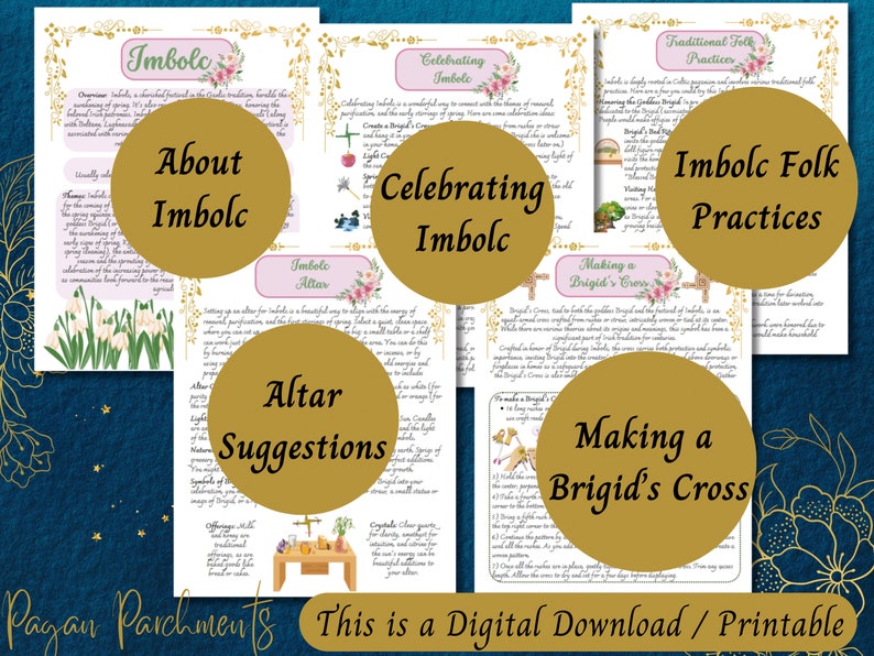 May include: Printable guide to celebrating Imbolc, a pagan holiday, with information about the holiday, altar suggestions, and traditional folk practices. The guide includes illustrations of a Brigid's Cross and an altar setup.