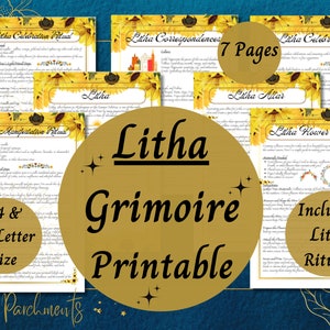 Puede incluir: Un grimorio de Litha imprimible con ilustraciones de girasoles. El grimorio incluye 7 páginas de rituales, correspondencias y celebraciones. El texto incluye las palabras "Litha", "Grimorio", "Imprimible", "7 Páginas", "Incluye rituales de Litha", "Tamaño A4 y carta de EE. UU." y "Pergamino pagano".