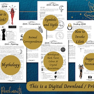K&ouml;nnte beinhalten: Ein digitaler Download mit mehreren Seiten mit Informationen &uuml;ber Lilith, einschlie&szlig;lich Mythologie, Symbole und Beschw&ouml;rungen. Die Seiten haben einen wei&szlig;en Hintergrund mit schwarzem Text und Illustrationen und sind mit goldenen Kreisen und einem dunkelblauen Hintergrund akzentuiert. Der Text auf dem Bild lautet "This is a Digital Download / Printable."