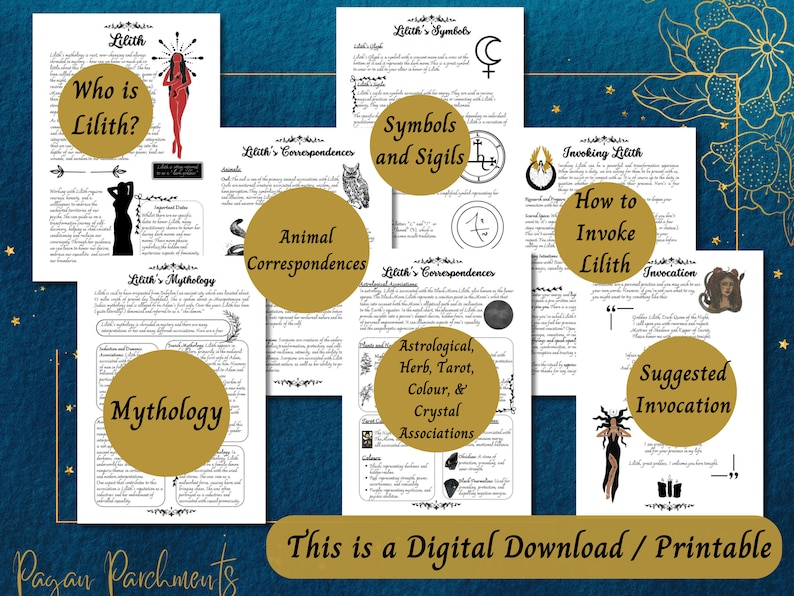 K&ouml;nnte beinhalten: Ein digitaler Download mit mehreren Seiten mit Informationen &uuml;ber Lilith, einschlie&szlig;lich Mythologie, Symbole und Beschw&ouml;rungen. Die Seiten haben einen wei&szlig;en Hintergrund mit schwarzem Text und Illustrationen und sind mit goldenen Kreisen und einem dunkelblauen Hintergrund akzentuiert. Der Text auf dem Bild lautet "This is a Digital Download / Printable."