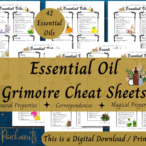 Essential Oil Grimoire Cheat Sheets Printable, Essential Oil Magical Properties & Correspondences, Kitchen Witch PDF, Book of Shadows