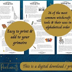 May include: Printable guide to 26 common witchcraft tools and their uses in alphabetical order. The guide features illustrations of each tool, including a broom, athame, cauldron, and more. Easy to print and add to your grimoire.