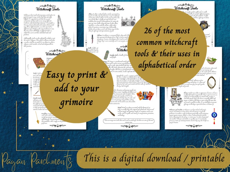 May include: Printable guide to 26 common witchcraft tools and their uses in alphabetical order. The guide features illustrations of each tool, including a broom, athame, cauldron, and more. Easy to print and add to your grimoire.