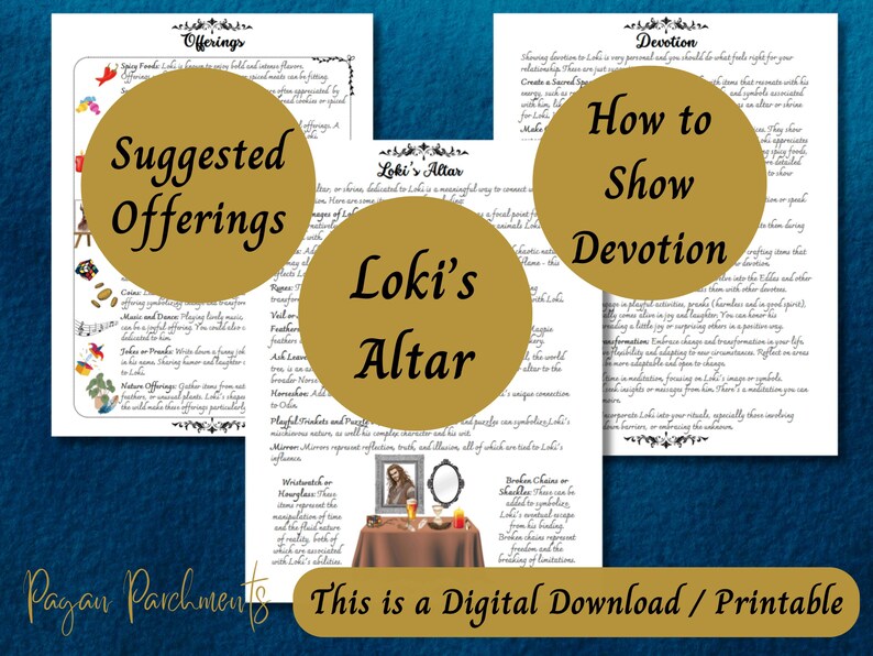 May include: Printable guide to Loki, the Norse god of mischief, with suggested offerings, altar setup, and ways to show devotion. The guide features a hand-drawn illustration of Loki's altar with a candle, a mirror, and a bowl of offerings.