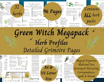 Green Witch Herb Grimoire Pages, Pack No.1 MEGAPACK, Book of Shadows Herbal Profile Printable, Herb Magic Guide, Herbalism Download