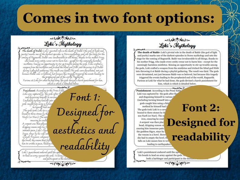 May include: Two pages of text about Loki's mythology, with the text "Loki's Mythology" at the top of each page. The text on the left page is in a cursive font, while the text on the right page is in a more standard font. The text on the left page is labeled "Font 1: Designed for aesthetics and readability" and the text on the right page is labeled "Font 2: Designed for readability".