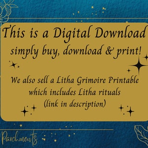 May include: A gold rectangle with rounded corners on a blue background with stars. The text reads "This is a Digital Download simply buy, download & print! We also sell a Litha Grimoire Printable which includes Litha rituals (link in description) Pagan Parchments"