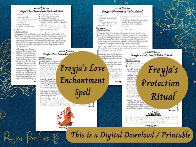 Op de afbeelding: Printbare digitale download van twee magische rituelen, een voor liefde en een voor bescherming, met een gouden achtergrond en de tekst "Freyja's Love Enchantment Spell" en "Freyja's Protection Ritual" in zwart.