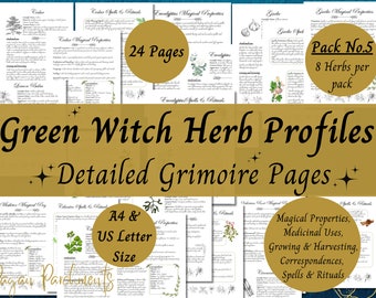 Pack No.5 Green Witch Herb Grimoire Pages, Book of Shadows Herbal Profile Printable, Herbalist Magic, Herbal Spells and Rituals, Herbology