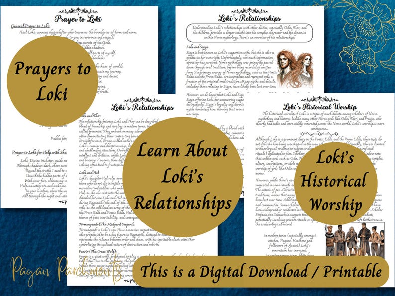 May include: Printable digital download of a guide to the Norse god Loki, featuring prayers to Loki, information about his relationships, and his historical worship. The guide has a gold and black color scheme with a decorative floral border.