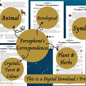 Op de afbeelding: Printbare digitale downloadgids voor de correspondenties van de Griekse godin Persephone. De gids bevat gouden cirkels met de woorden "Dier", "Astrologisch", "Kristallen, Tarot & Kleur", "Plant & Kruiden" en "Symbolen". De middelste cirkel is goud en zegt "Correspondenties van Persephone".