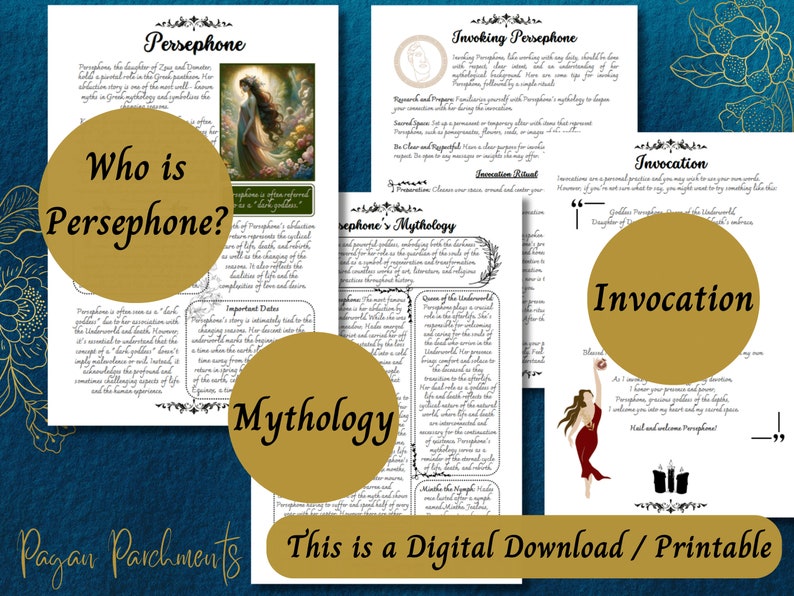Op de afbeelding: Printbare digitale download met een gids over de Griekse godin Persephone, inclusief haar mythologie, belangrijke data en een aanroeping. Het document heeft een gouden achtergrond met een bloemenontwerp en een zwart-witte tekst.