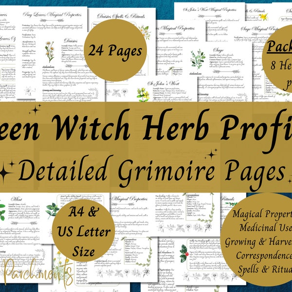 Pack No.3 Green Witch Herb Grimoire Pages, Book of Shadows Herbal Profile Printable, Herb Magic, Herbal Spells and Rituals, Herbalism