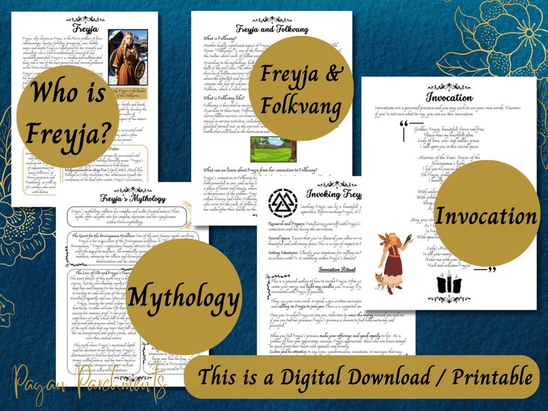 Op de afbeelding: Printbare digitale download met informatie over de Noorse godin Freyja, inclusief haar mythologie, aanroepingen en een afbeelding van haar met een kat. De tekst bevat de woorden "Wie is Freyja?" en "Freyja's mythologie".