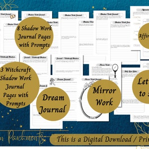 May include: Printable digital download journal pages with prompts for shadow work, dream journaling, mirror work, affirmations, and letters to self. The pages are designed with a gold and black colour scheme and feature a floral border.