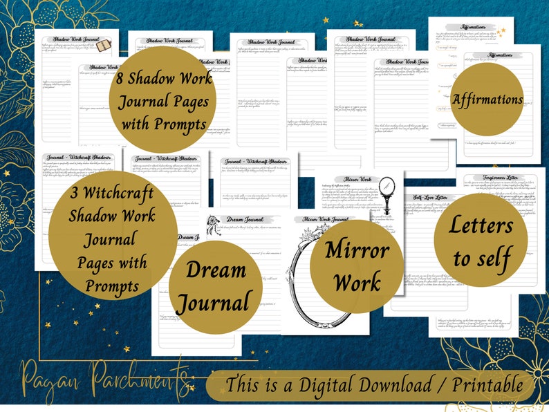 May include: Printable digital download journal pages with prompts for shadow work, dream journaling, mirror work, affirmations, and letters to self. The pages are designed with a gold and black colour scheme and feature a floral border.