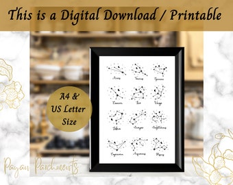 Zodiac Constellation Print, Astrology Art, Black and White Star Signs Printable PDF
