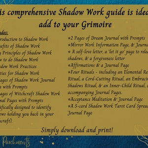 May include: A gold and blue printable guide titled "This comprehensive Shadow Work guide is ideal to add to your Grimoire." The guide includes information on shadow work practices, deities, rituals, and journal prompts.