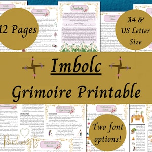 May include: A printable Imbolc grimoire with 12 pages in A4 and US Letter sizes. The grimoire features a gold background with a pink and white floral design. The text includes "Imbolc", "Grimoire Printable", "12 Pages", "A4 & US Letter Size", "Two font options!" and "Traditional Folk Practices".