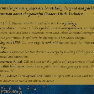 K&ouml;nnte beinhalten: Digitale Grimoire-Seite mit goldenem und blauem Hintergrund. Der Text enth&auml;lt Informationen &uuml;ber die G&ouml;ttin Lilith, einschlie&szlig;lich Mythologie, Entsprechungen, Rituale und eine Tarot-Legung. Der Text ist in einer Serifenschrift.