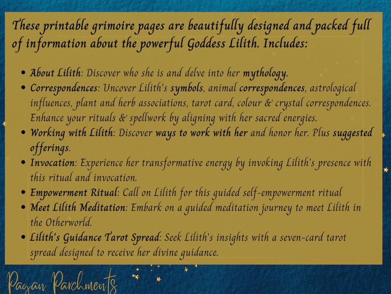 K&ouml;nnte beinhalten: Digitale Grimoire-Seite mit goldenem und blauem Hintergrund. Der Text enth&auml;lt Informationen &uuml;ber die G&ouml;ttin Lilith, einschlie&szlig;lich Mythologie, Entsprechungen, Rituale und eine Tarot-Legung. Der Text ist in einer Serifenschrift.