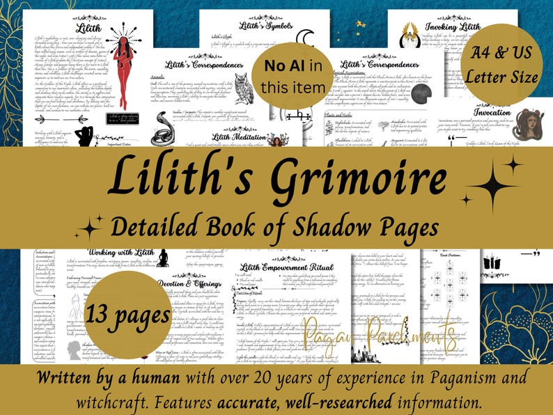 K&ouml;nnte beinhalten: Ein detailliertes Buch mit Schattenseiten mit dem Titel "Lilith's Grimoire". Die Seiten enthalten Illustrationen und Texte &uuml;ber Lilith, Symbole, Korrespondenzen und Rituale. Das Buch hat das Format A4 & US Letter und hat 13 Seiten. Der Text lautet: "Geschrieben von einem Menschen mit &uuml;ber 20 Jahren Erfahrung in Heidentum und Hexerei."