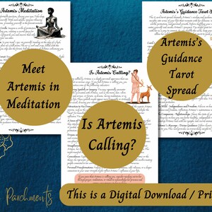 K&ouml;nnte beinhalten: Druckbarer digitaler Download eines Tarot-Spreads und eines Meditationsleitfadens mit der griechischen G&ouml;ttin Artemis. Der Spread soll dir helfen, deine Intuition zu erforschen und dich mit der Energie von Artemis zu verbinden. Der Meditationsleitfaden enth&auml;lt Anweisungen, wie du dich durch Visualisierung und Meditation mit Artemis verbindest.