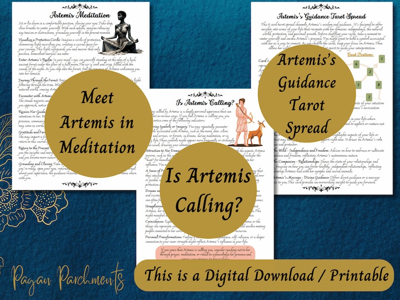 K&ouml;nnte beinhalten: Druckbarer digitaler Download eines Tarot-Spreads und eines Meditationsleitfadens mit der griechischen G&ouml;ttin Artemis. Der Spread soll dir helfen, deine Intuition zu erforschen und dich mit der Energie von Artemis zu verbinden. Der Meditationsleitfaden enth&auml;lt Anweisungen, wie du dich durch Visualisierung und Meditation mit Artemis verbindest.