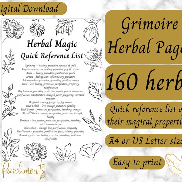 160 Herbs Herbal Magic Quick Reference Guide: Grimoire Pages (Digital Download)