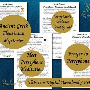 Op de afbeelding: Printbare digitale download met een tarotspread, meditatie en gebed aan Persephone, de Griekse godin van de onderwereld. De tekst bevat de woorden "Oude Griekse Eleusinische Mysteri&euml;n", "Ontmoet Persephone Meditatie", "Persephone's Guidance Tarot Spread" en "Gebed tot Persephone".