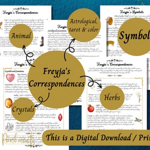 Op de afbeelding: Printbare digitale download van een gids over de correspondenties van de Noorse godin Freyja. De gids bevat informatie over haar dier, haar kristallen, kruiden, symbolen en astrologische connecties.