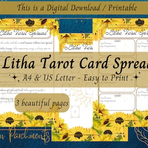 Tirada de cartas del tarot de Litha para imprimir, celebración del solsticio de verano, páginas del grimorio del tarot de las brujas, descarga del sabbat pagano, festividades de las brujas