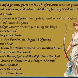 K&ouml;nnte beinhalten: Eine digitale druckbare Grimoire-Seite mit goldfarbenem Hintergrund und einer Schwarzwei&szlig;illustration von Artemis, der griechischen G&ouml;ttin der Jagd, der Wildnis, der wilden Tiere, der Geburt, der Fruchtbarkeit und der Kinder. Die Seite enth&auml;lt Informationen &uuml;ber Artemis' Symbole, Mythologie, Feste und wie man mit ihr arbeitet.