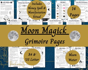 Moon Magic Grimoire Pages, Lunar Magick BOS Printable, Moon Water Guide, Lunar Spells, Moon Phases, Witchy PDF, Baby Witch Download