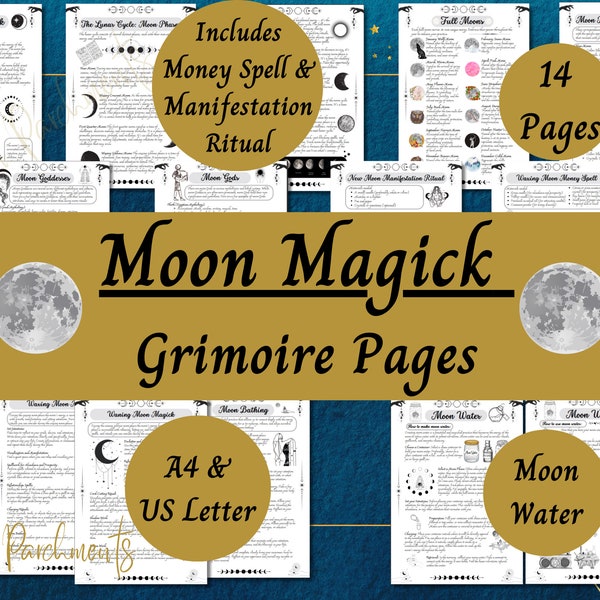 Moon Magic Grimoire Pages, Lunar Magick BOS Printable, Moon Water Guide, Lunar Spells, Moon Phases, Witchy PDF, Baby Witch Download