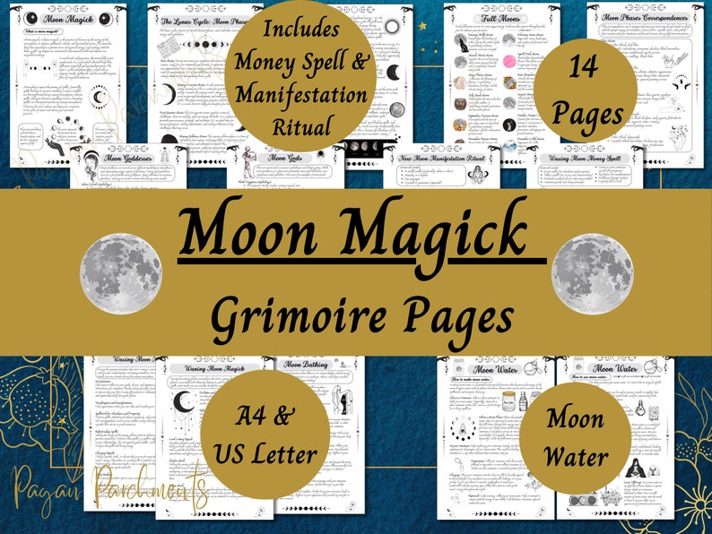 Moon Magic Grimoire Pages, Lunar Magick BOS Printable, Moon Water Guide, Lunar Spells, Moon Phases, Witchy PDF, Baby Witch Download image 1