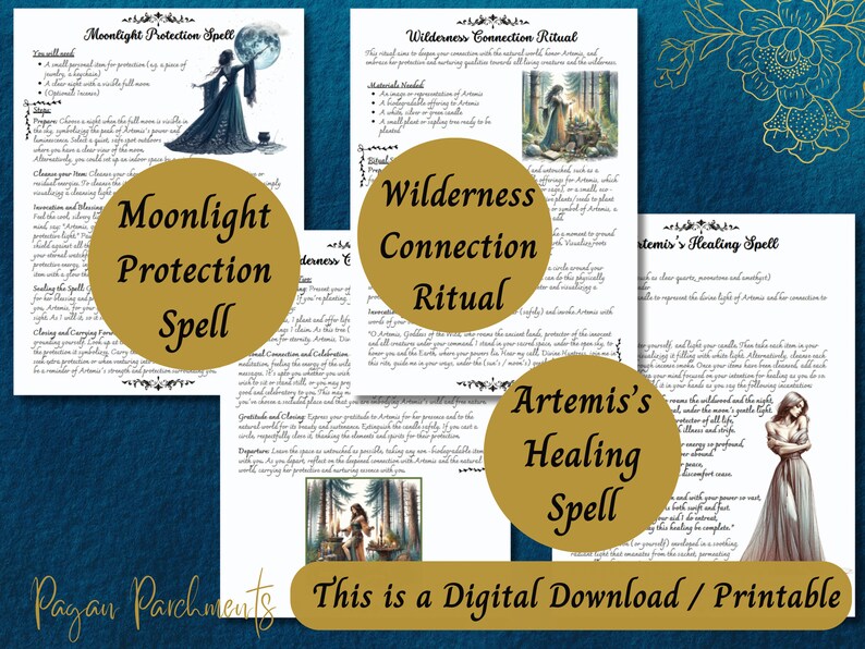 K&ouml;nnte beinhalten: Druckbarer digitaler Download von drei magischen Zauberspr&uuml;chen: Mondlicht-Schutzzauber, Wildnis-Verbindungsritual und Artemis' Heilzauber. Jeder Zauber enth&auml;lt eine wundersch&ouml;ne Illustration und Anweisungen zum Wirken.