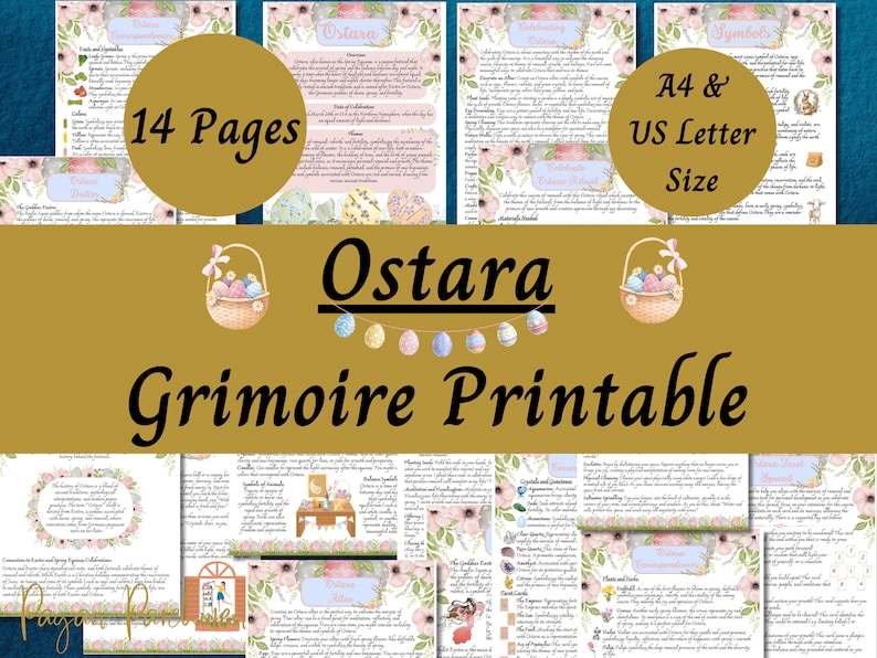May include: A printable Ostara grimoire with 14 pages, featuring a watercolor design of pastel pink and blue flowers, a basket of eggs, and a banner of eggs. The grimoire is available in A4 and US Letter sizes.
