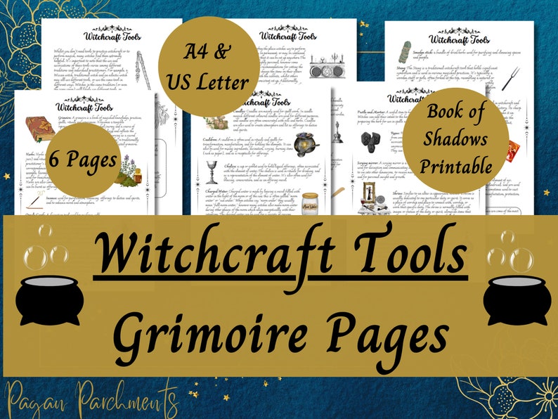 May include: A printable book of shadows with 6 pages of information about witchcraft tools. The pages are in A4 and US Letter sizes. The cover features a black cauldron with bubbles and the text "Witchcraft Tools Grimoire Pages".