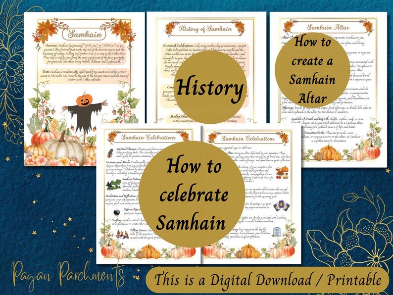 May include: Printable guide to celebrating Samhain, a pagan holiday, with information on history, traditions, and how to create an altar. The guide features illustrations of pumpkins, scarecrows, and other autumnal imagery.