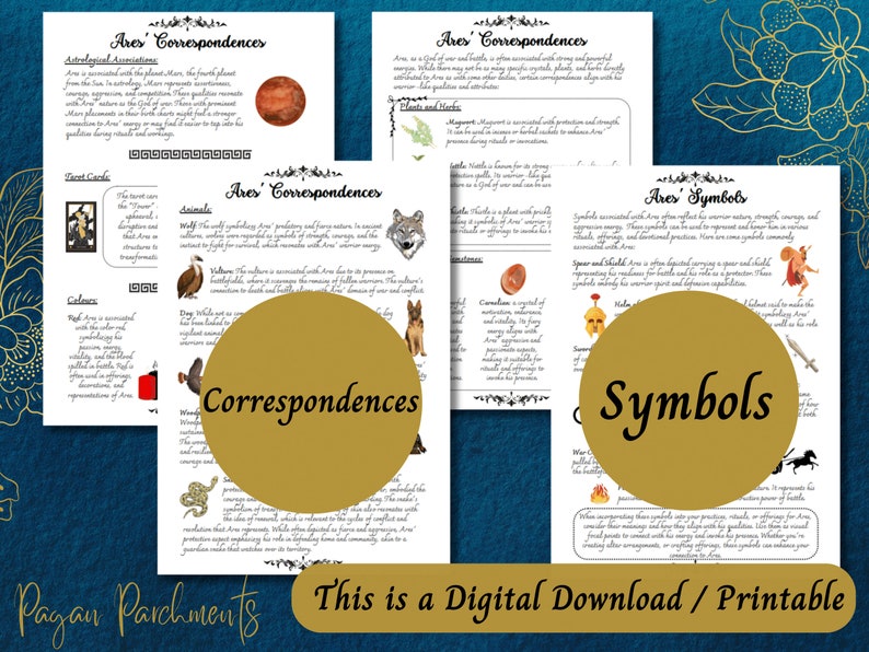 Może przedstawiać: Drukowany plik do pobrania cyfrowego z przewodnikiem po greckim bogu Ares, zawierającym korespondencje i symbole. Przewodnik zawiera informacje o astrologicznych powiązaniach Aresa, zwierzęcych totem&oacute;w, kolorach i wiele więcej. Przewodnik jest ilustrowany obrazami wilka, węża, wł&oacute;czni i tarczy oraz hełmu.