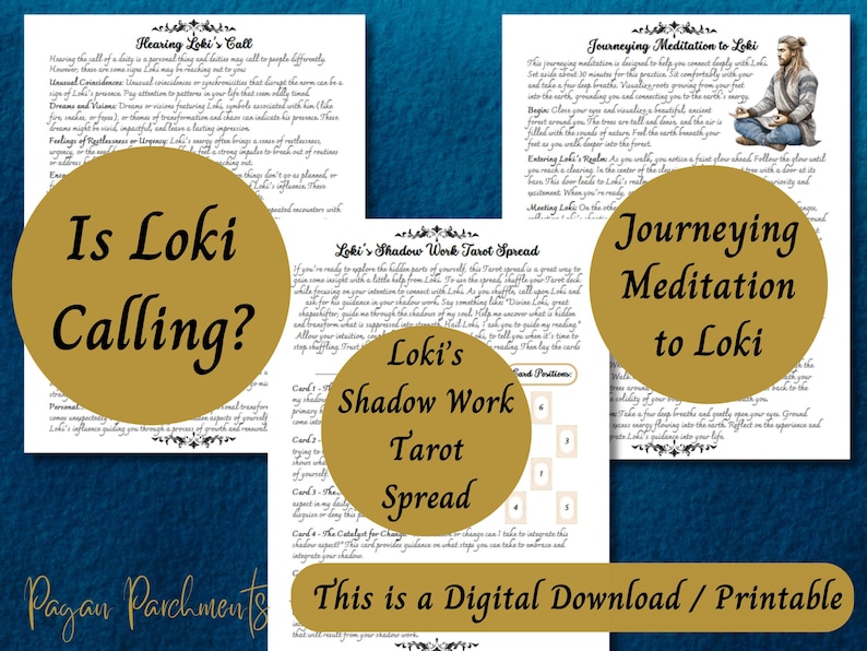 May include: Printable digital download of a tarot spread and meditation guide for working with the Norse god Loki. The image features a gold background with the text "Is Loki Calling?" and "Loki's Shadow Work Tarot Spread".