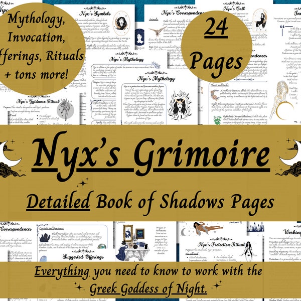 Nyx Grimoire Imprimible, Trabajando con la Diosa Griega de la Noche, Páginas del Libro de Brujas de las Sombras, Trabajo de Deidades Paganas, Mitología Nyx, Helenismo