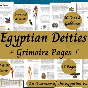 Páginas de grimorios sobre deidades egipcias, guía imprimible sobre dioses y diosas del Antiguo Egipto, reconstruccionismo pagano kemético, trabajo con deidades de brujas