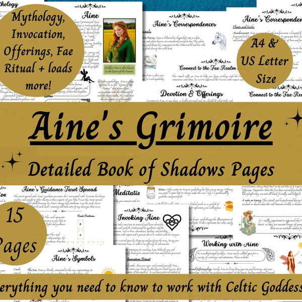 Aine Grimoire Printable, Guide to Working with the Celtic Goddess of Love, Queen of the Fae, Witch Book of Shadows Pages, Irish Pagan Deity