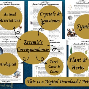 K&ouml;nnte beinhalten: Druckbarer digitaler Download von Artemis-Korrespondenzen, eine Sammlung von Informationen &uuml;ber die griechische G&ouml;ttin Artemis, einschlie&szlig;lich ihrer Assoziationen mit Tieren, Kristallen, Pflanzen, Kr&auml;utern, Symbolen, Tarotkarten und Farben. Der Text ist in handschriftlicher Form und der Hintergrund ist golden.