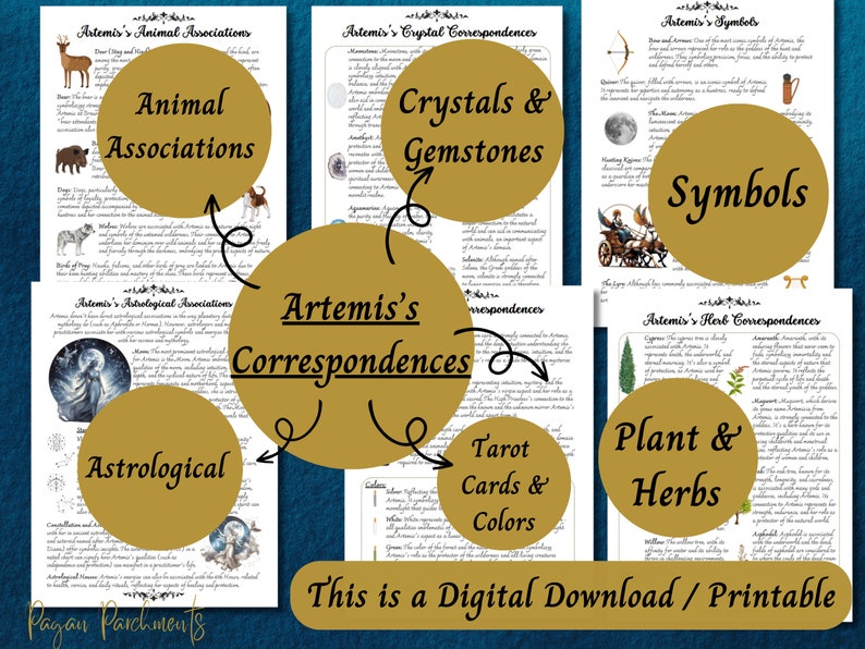 K&ouml;nnte beinhalten: Druckbarer digitaler Download von Artemis-Korrespondenzen, eine Sammlung von Informationen &uuml;ber die griechische G&ouml;ttin Artemis, einschlie&szlig;lich ihrer Assoziationen mit Tieren, Kristallen, Pflanzen, Kr&auml;utern, Symbolen, Tarotkarten und Farben. Der Text ist in handschriftlicher Form und der Hintergrund ist golden.