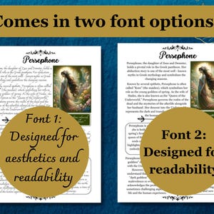 Op de afbeelding: Twee versies van een printbaar informatieblad over de Griekse godin Persephone. De linkerzijde toont een meer decoratief lettertype, terwijl de rechterzijde een meer leesbaar lettertype toont. Beide versies bevatten een illustratie van Persephone.