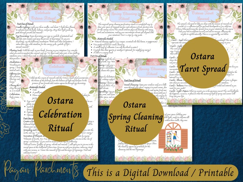 May include: Printable digital download of a tarot spread for the Ostara celebration. The spread is designed to help you with your intentions for the season. The spread includes cards for:  Spring, Bloom, Balance, Your Realm, Light, & Return.